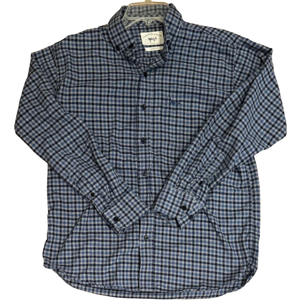 Coastal Cotton Men's Gingham Check Blue Grey Button Down Shirt size  Medium